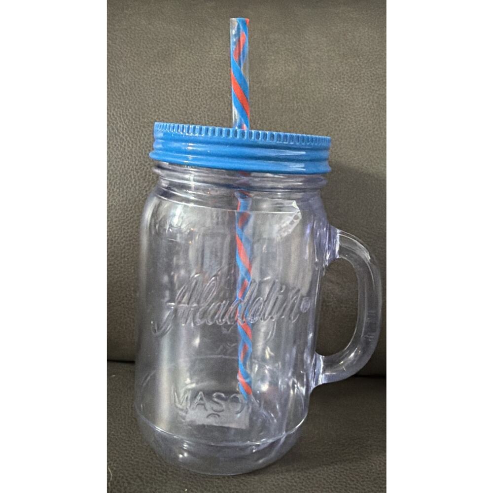 Aladdin 32 oz Mason Jar Insulated Tumbler BLUE Lid Plastic Travel Mug New Straw